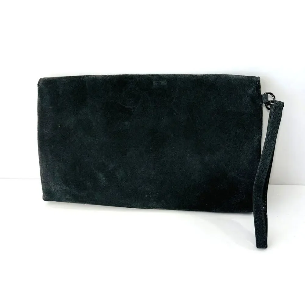 Black Suede Wristlet Clutch‎ Purse Interior Zip Minimalist Evening Bag